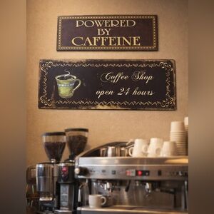 Retro Metal Sign Set Powered By Caffeine & Open 24 Hours Farmhouse Cafe